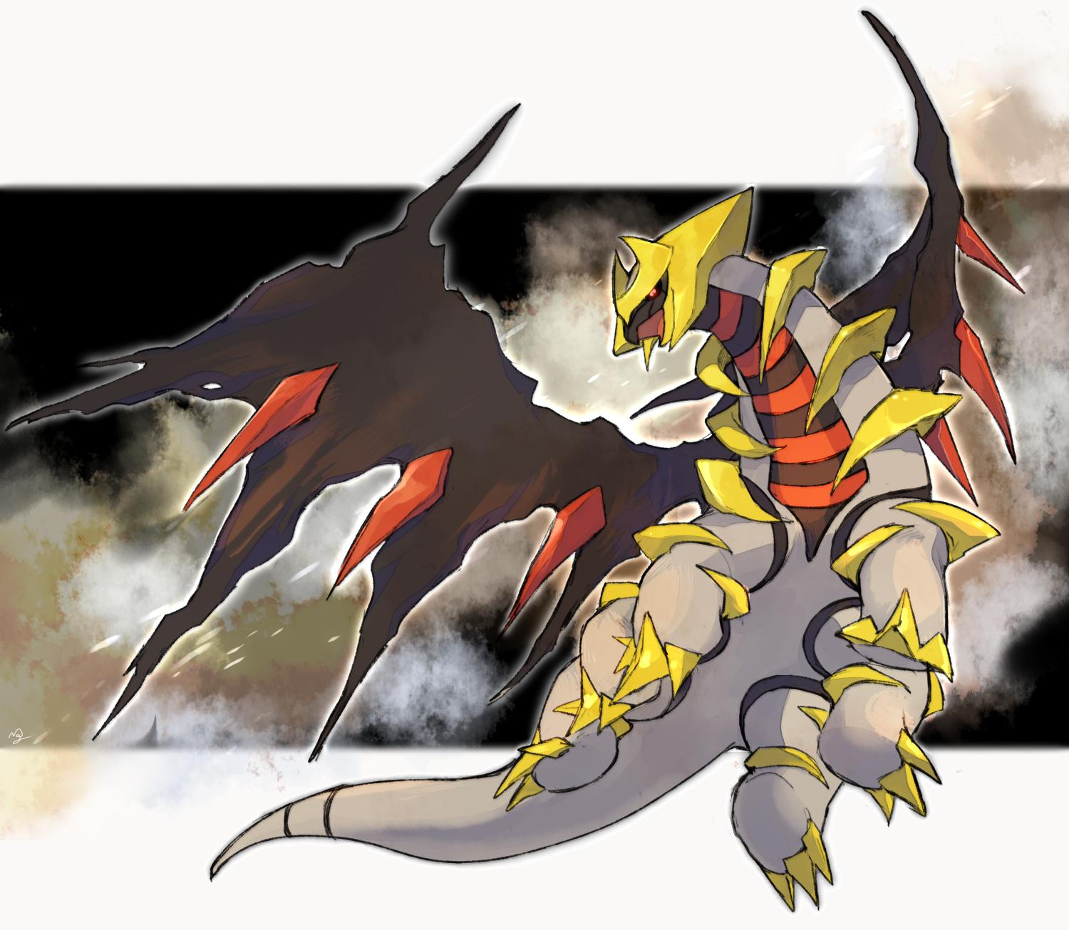 claws commentary_request full_body gen_4_pokemon giratina giratina_(altered) highres legendary_pokemon nigiri_(ngr24) no_humans open_mouth orange_eyes outline pokemon pokemon_(creature) smoke solo tongue