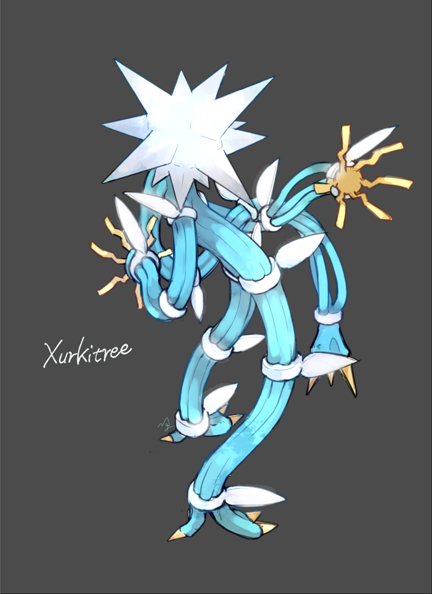 alternate_color character_name claws commentary_request full_body gen_7_pokemon grey_background highres ngr_(nnn204204) no_humans pokemon pokemon_(creature) shiny_pokemon signature simple_background solo spikes standing ultra_beast xurkitree