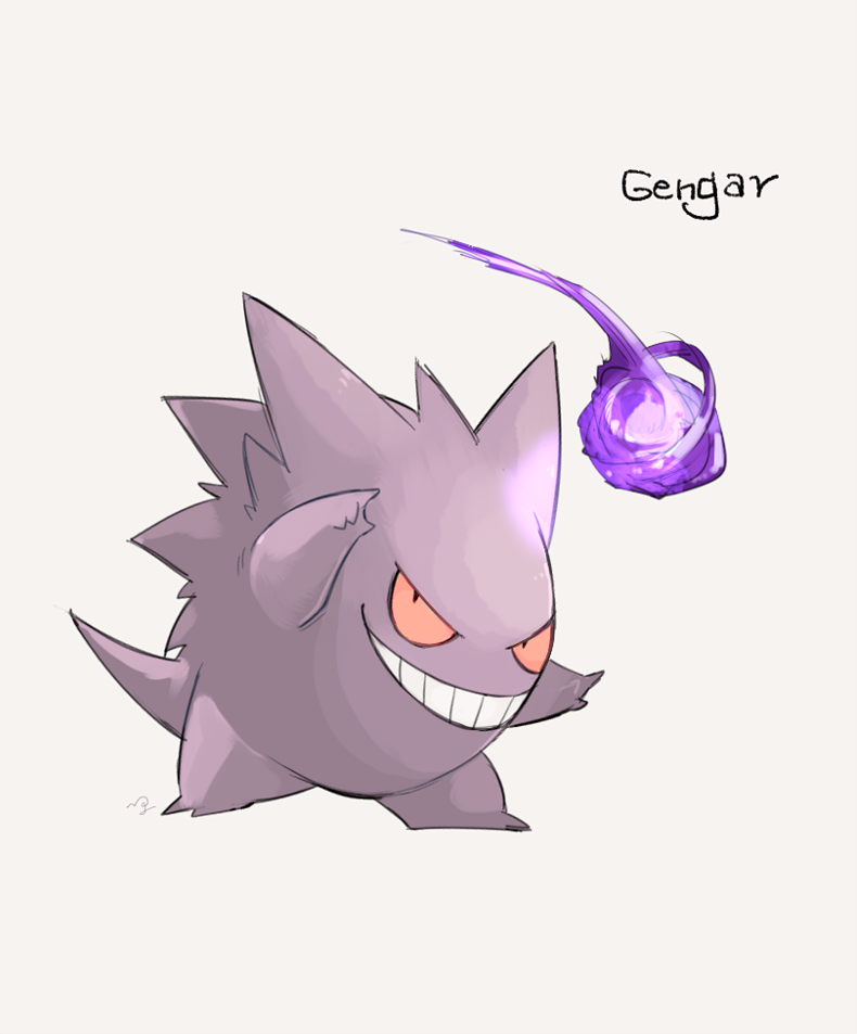 black_eyes character_name commentary_request energy_ball full_body gen_1_pokemon gengar grin looking_up ngr_(nnn204204) no_humans pokemon pokemon_(creature) simple_background smile solo standing teeth white_background