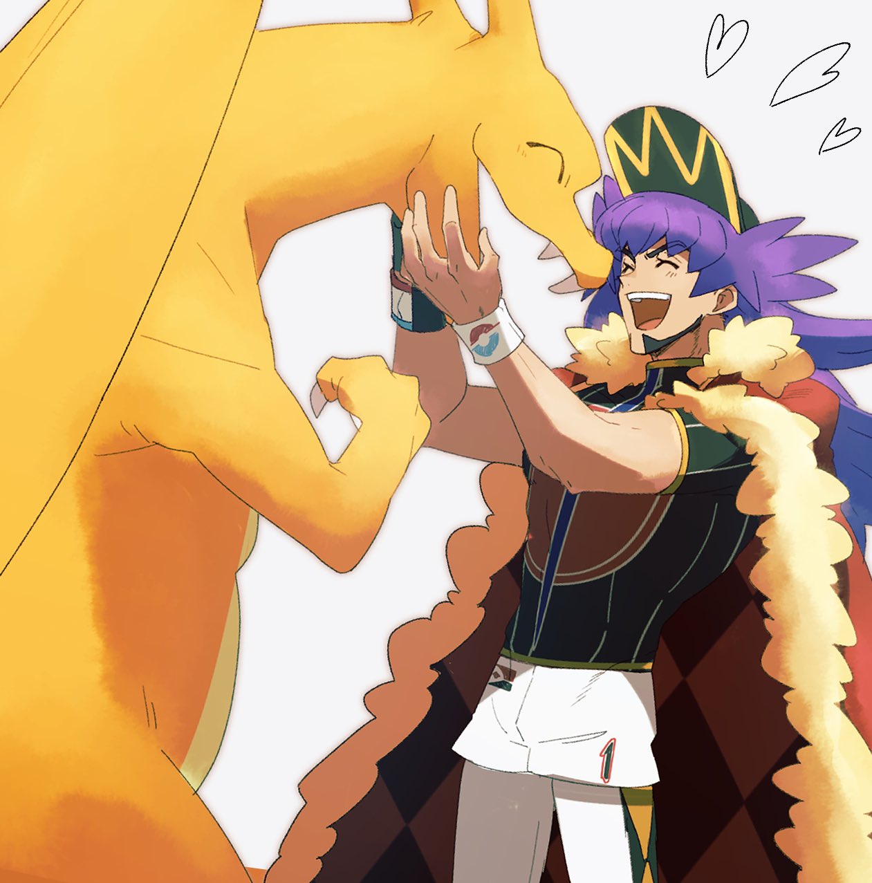 1boy :d argyle bangs baseball_cap cape champion_uniform charizard closed_eyes dark-skinned_male dark_skin dynamax_band eyelashes facial_hair fangs fur-trimmed_cape fur_trim gen_1_pokemon gloves hands_up happy hat heart highres leggings leon_(pokemon) long_hair male_focus morio_(poke_orio) open_mouth pokemon pokemon_(creature) pokemon_(game) pokemon_swsh purple_hair red_cape shield_print shirt short_shorts short_sleeves shorts simple_background single_glove smile sword_print symbol-only_commentary tongue upper_teeth white_background white_legwear white_shorts white_wristband