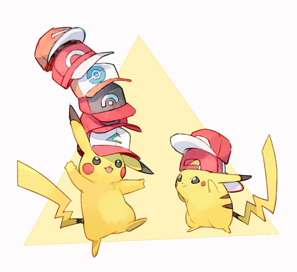 backwards_hat balancing baseball_cap black_eyes closed_mouth commentary_request gen_1_pokemon hat hatted_pokemon leg_up looking_up nigiri_(ngr24) no_humans open_mouth pikachu pokemon pokemon_(creature) red_headwear smile standing standing_on_one_leg toes tongue