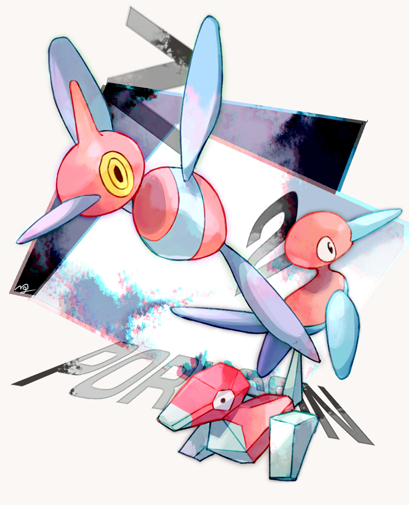 black_eyes character_name chromatic_aberration commentary_request evolutionary_line gen_1_pokemon gen_2_pokemon gen_4_pokemon looking_up ngr_(nnn204204) no_humans pokemon pokemon_(creature) porygon porygon-z porygon2 signature