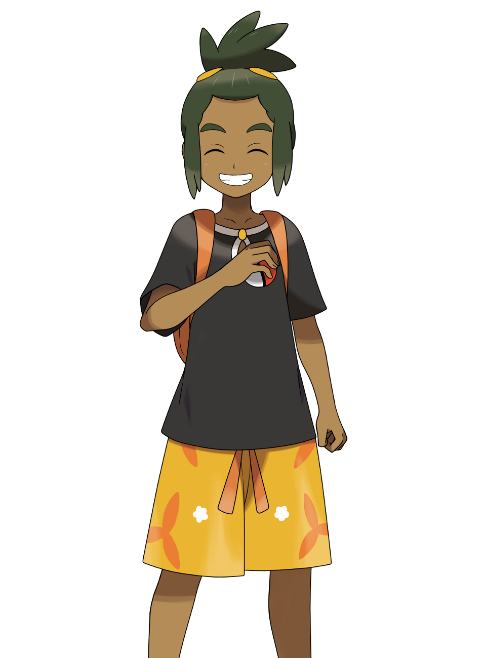 1boy asatsuki_(fgfff) backpack bag black_shirt clenched_hand closed_eyes collarbone commentary_request dark-skinned_male dark_skin floral_print green_hair grin hand_up hau_(pokemon) highres holding holding_poke_ball male_focus orange_bag orange_shorts poke_ball poke_ball_(basic) pokemon pokemon_(game) pokemon_sm shirt short_hair short_ponytail short_sleeves shorts smile solo teeth transparent_background