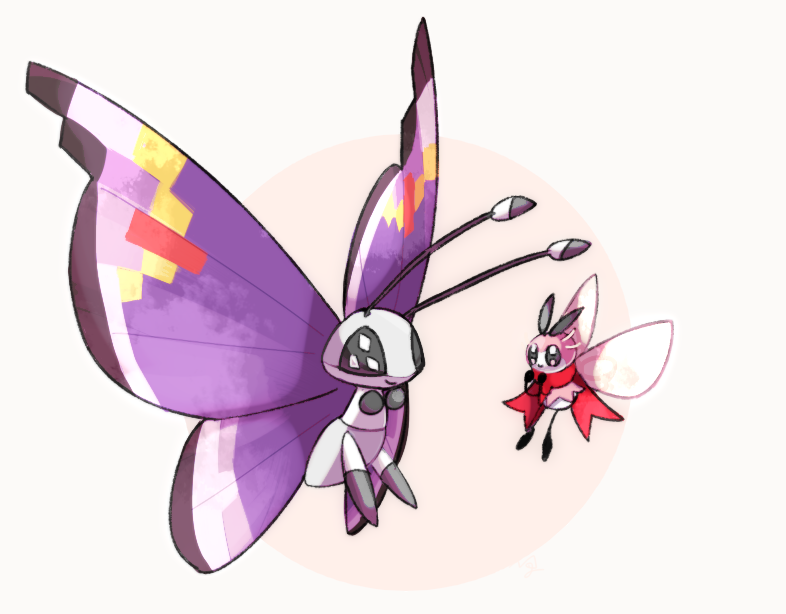 bug butterfly closed_mouth commentary_request eye_contact gen_6_pokemon gen_7_pokemon hand_up looking_at_another ngr_(nnn204204) no_humans pokemon pokemon_(creature) red_scarf ribombee scarf smile vivillon vivillon_(elegant)