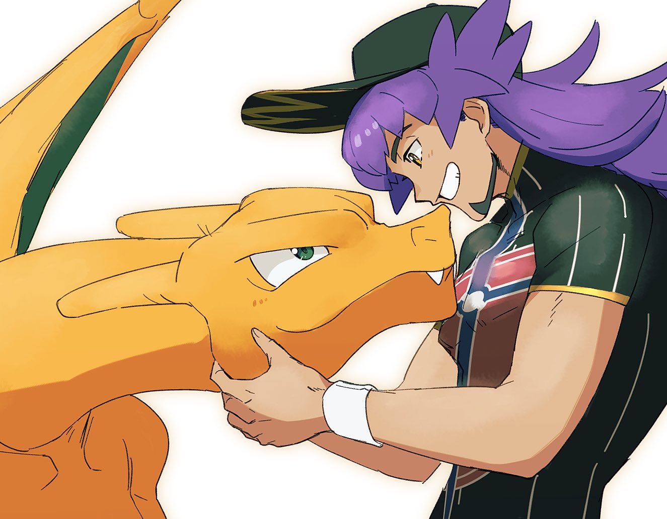 1boy baseball_cap champion_uniform charizard dark-skinned_male dark_skin eye_contact facial_hair fang fang_out gen_1_pokemon green_eyes grin hat holding holding_pokemon leon_(pokemon) long_hair looking_at_another male_focus morio_(poke_orio) pokemon pokemon_(creature) pokemon_(game) pokemon_swsh purple_hair shield_print shirt short_sleeves smile sword_print symbol-only_commentary teeth white_background white_wristband wristband yellow_eyes