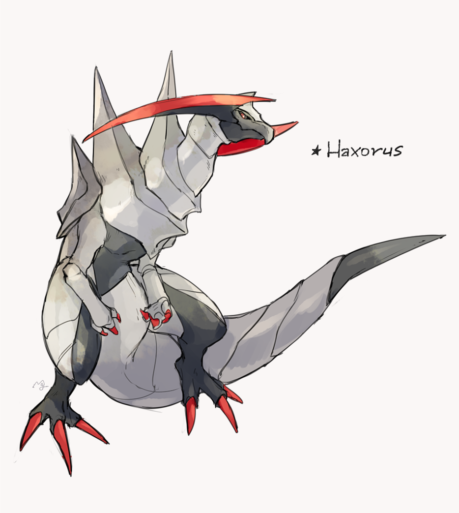 alternate_color black_sclera character_name claws closed_mouth colored_sclera commentary_request full_body gen_5_pokemon grey_eyes haxorus ngr_(nnn204204) no_humans orange_pupils pokemon pokemon_(creature) shiny_pokemon signature simple_background solo white_background