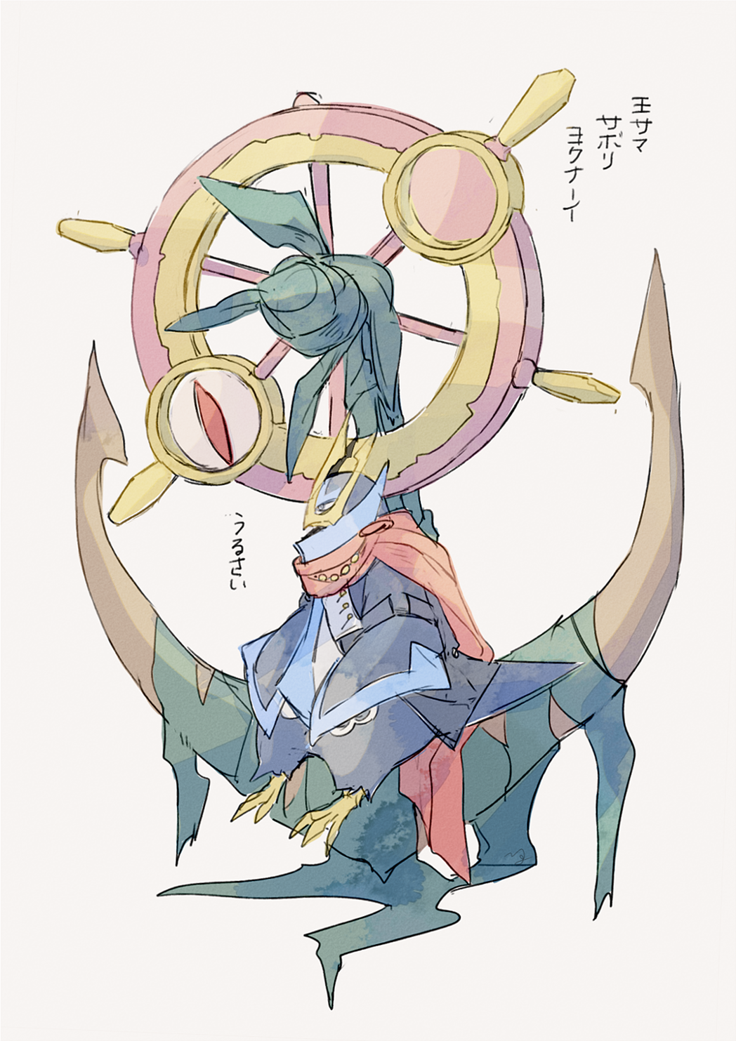 anchor closed_mouth commentary_request dhelmise empoleon gen_4_pokemon gen_7_pokemon grey_eyes head_tilt highres ngr_(nnn204204) no_humans pokemon pokemon_(creature) scarf sitting sketch translation_request