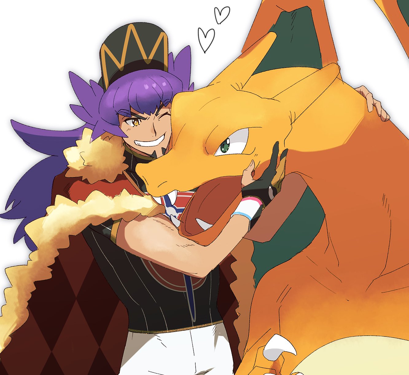 1boy argyle bangs baseball_cap bright_pupils cape champion_uniform charizard dark-skinned_male dark_skin dynamax_band eyebrows_visible_through_hair facial_hair fangs fur-trimmed_cape fur_trim gen_1_pokemon gloves green_eyes grin hat heart highres leon_(pokemon) long_hair male_focus morio_(poke_orio) one_eye_closed open_mouth partially_fingerless_gloves pokemon pokemon_(creature) pokemon_(game) pokemon_swsh purple_hair red_cape shield_print shirt short_shorts short_sleeves shorts single_glove smile sword_print symbol-only_commentary teeth tongue white_background white_pupils white_shorts yellow_eyes