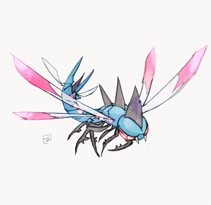 alternate_color bug commentary_request fangs flying full_body gen_4_pokemon ngr_(nnn204204) no_humans pokemon pokemon_(creature) shiny_pokemon signature simple_background solo white_background yanmega