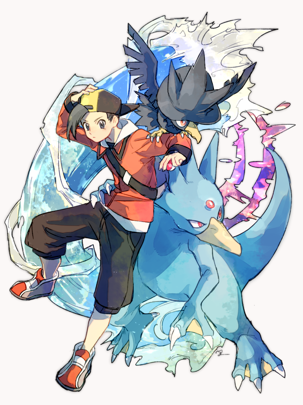 1boy backpack backwards_hat bag bangs baseball_cap black_hair blue_bag capri_pants closed_mouth commentary_request ethan_(pokemon) gen_1_pokemon gen_2_pokemon golduck grey_eyes hand_on_own_head hat highres holding holding_poke_ball jacket long_sleeves male_focus murkrow nigiri_(ngr24) orange_jacket pants poke_ball poke_ball_(basic) pokemon pokemon_(creature) pokemon_(game) pokemon_hgss shoes signature water