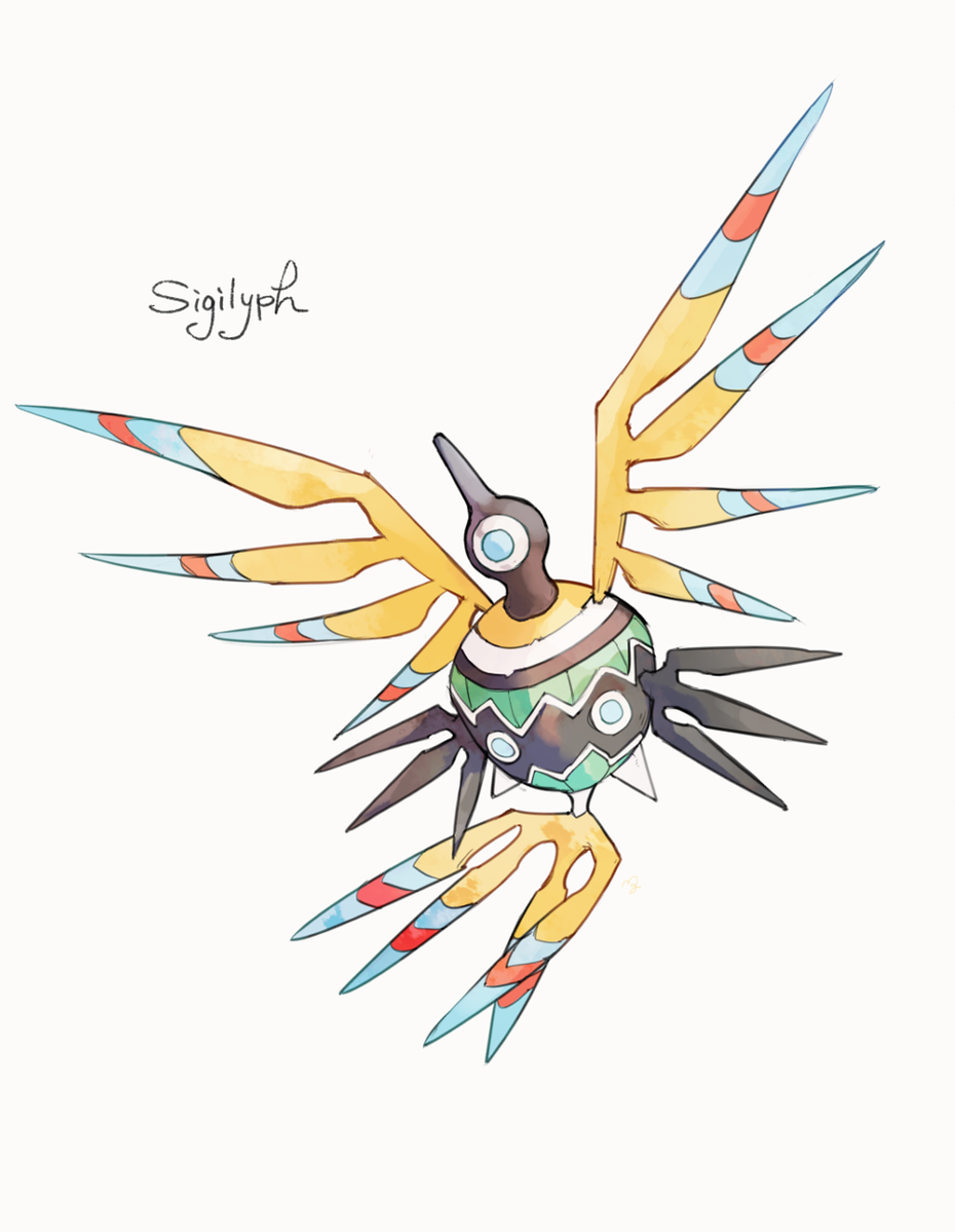 blue_eyes character_name commentary_request full_body gen_5_pokemon ngr_(nnn204204) no_humans pokemon pokemon_(creature) sigilyph simple_background solo third_eye white_background