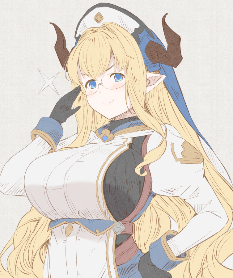 beige_background blonde_hair blue_eyes blush breasts draph glasses granblue_fantasy hand_on_hip hat hood horns kichihachi large_breasts looking_at_viewer pointy_ears razia