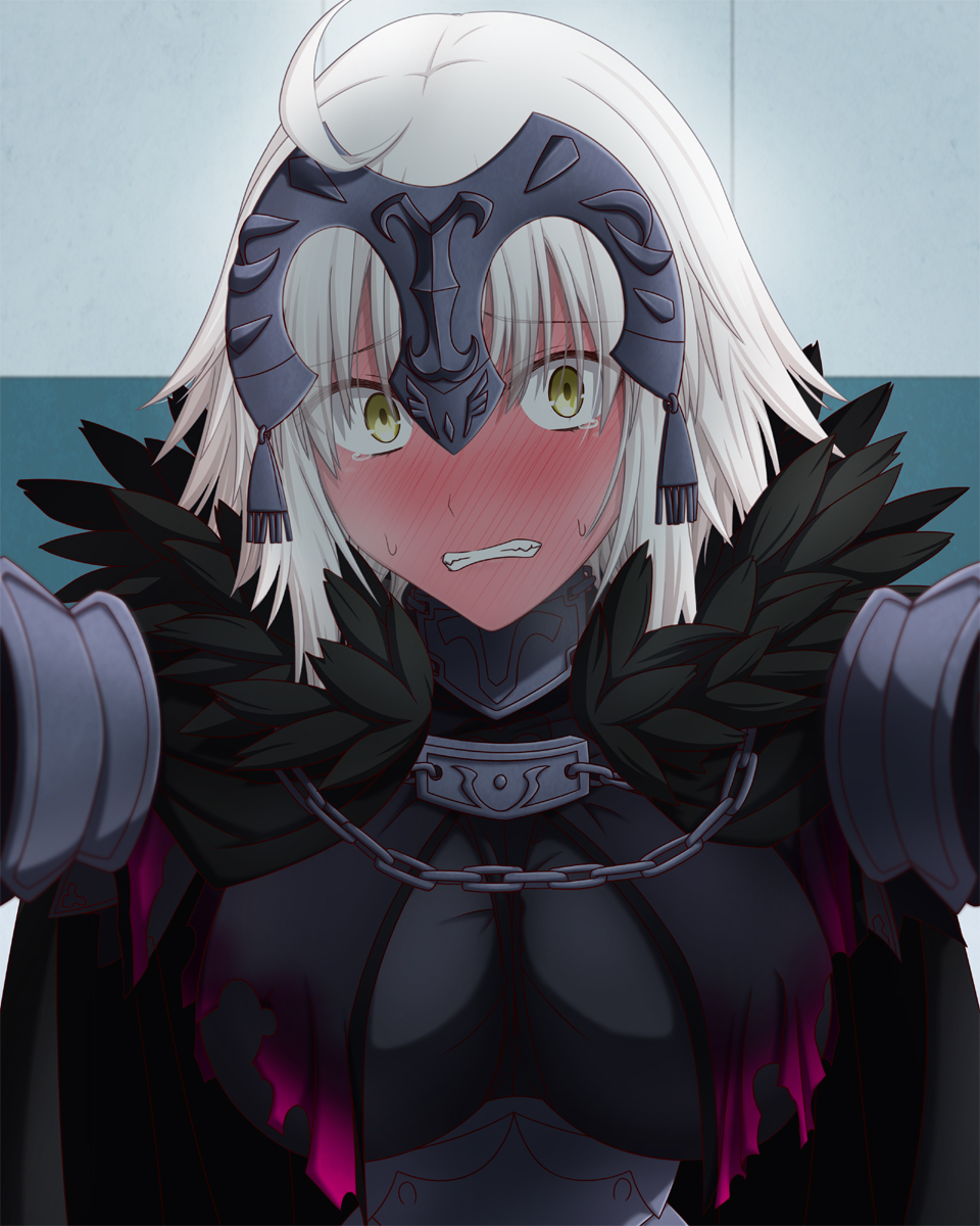 1girl ahoge black_cape blonde_hair blush breasts cape chain clenched_teeth embarrassed fate/grand_order fate_(series) feather_trim full-face_blush hasebe_akira highres jeanne_d'arc_(alter)_(fate) jeanne_d'arc_(fate)_(all) looking_at_viewer medium_breasts solo sweatdrop tearing_up teeth wall_slam yellow_eyes