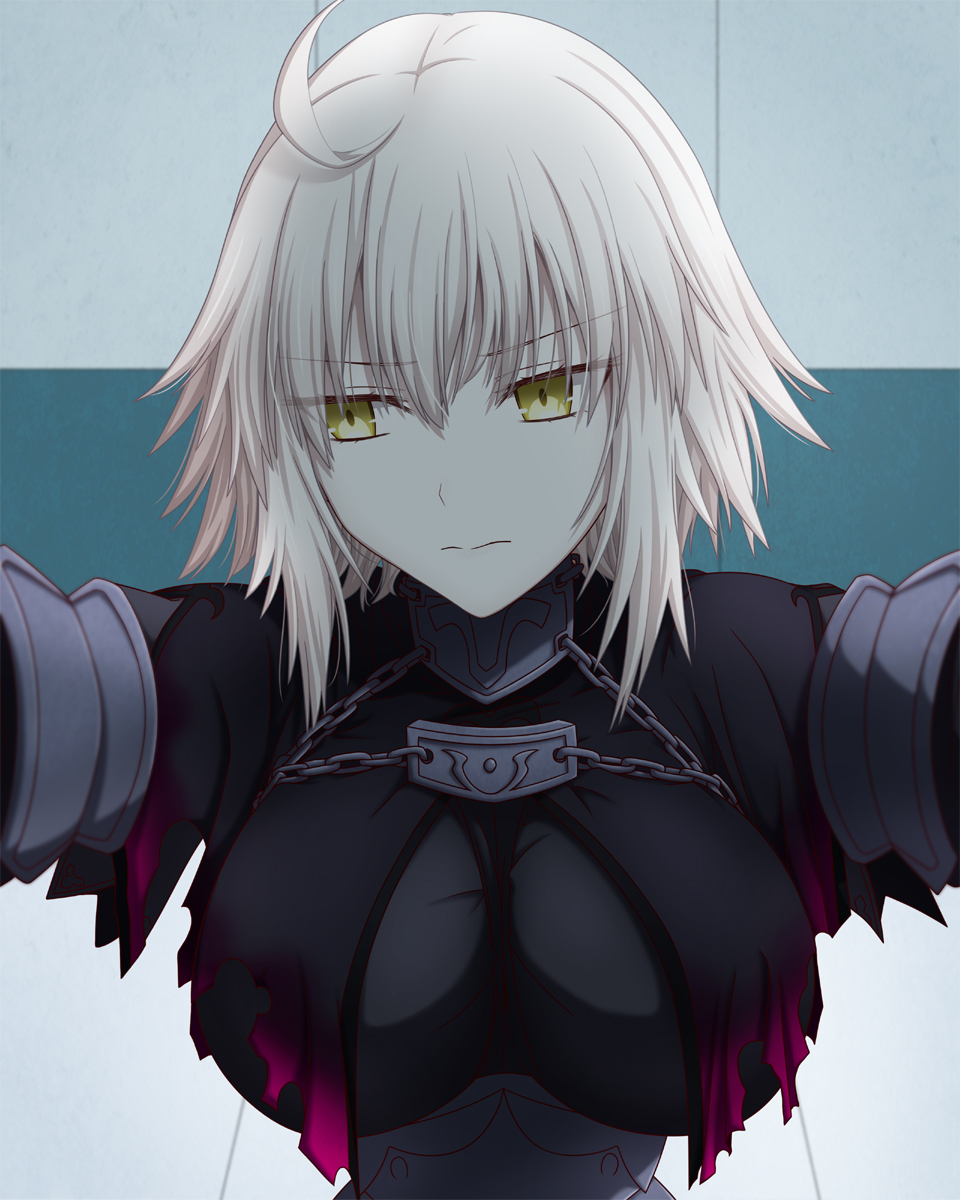 1girl ahoge black_cape blonde_hair blush breasts cape chain embarrassed fate/grand_order fate_(series) feather_trim feathered_cape fur_trim hasebe_akira highres jeanne_d'arc_(alter)_(fate) jeanne_d'arc_(fate)_(all) looking_to_the_side medium_breasts short_hair solo upper_body wall_slam yellow_eyes