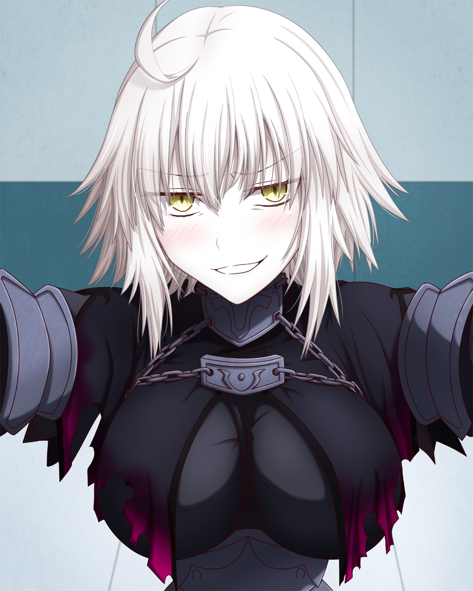 1girl ahoge blonde_hair breasts capelet fate/grand_order fate_(series) hasebe_akira highres jeanne_d'arc_(alter)_(fate) jeanne_d'arc_(fate)_(all) light_blush looking_at_viewer short_hair smirk solo torn_capelet wall_slam yellow_eyes