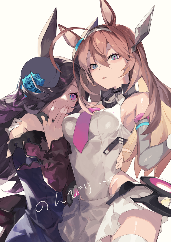 2girls :p \||/ animal_ears armband bare_shoulders between_breasts black_choker black_hair blue_dress blue_flower blue_rose breasts brown_hair choker detached_collar detached_sleeves dress flower gloves grey_eyes hair_ornament hair_over_one_eye hair_ribbon hand_on_hip hand_on_shoulder hat horse_ears horse_girl horseshoe_ornament hyakuhachi_(over3) looking_down mihono_bourbon_(umamusume) mini_hat multicolored_hair multiple_girls necktie off-shoulder_dress off_shoulder pink_eyes pleated_skirt purple_hair ribbon rice_shower_(umamusume) rose simple_background skirt streaked_hair thighhighs tilted_headwear tongue tongue_out two-tone_hair umamusume white_background white_gloves white_skirt