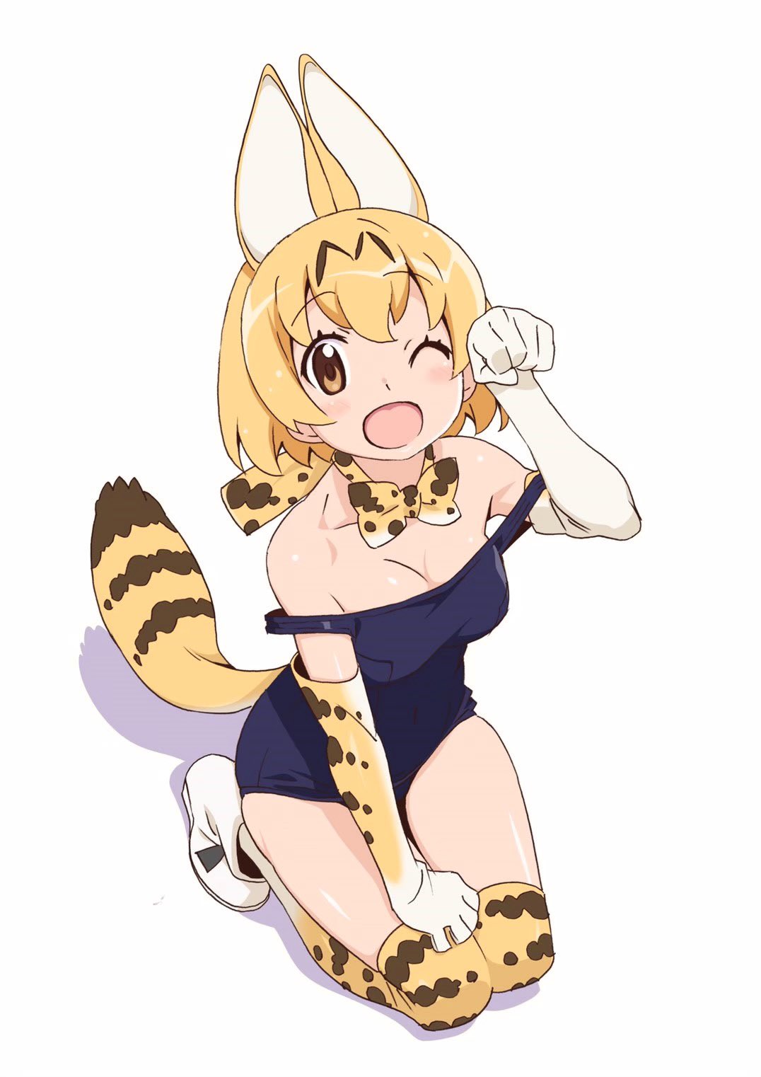 alternate_costume animal_ears bare_shoulders blonde_hair blue_swimsuit boots bow bowtie brown_hair cat_ears cat_girl cat_tail elbow_gloves eyebrows_visible_through_hair from_above gloves highres kemono_friends kneeling looking_at_viewer multicolored_hair one-piece_swimsuit one_eye_closed paw_pose print_gloves print_legwear print_neckwear school_swimsuit serval_(kemono_friends) serval_print sleeveless swimsuit tail thighhighs watanabe_akio white_footwear yellow_eyes