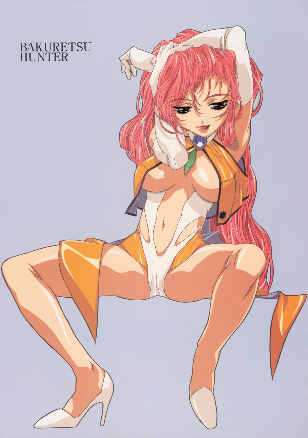 1990s_(style) 1girl arms_up bakuretsu_hunters black_eyes breasts breasts_apart coattails copyright_name elbow_gloves eyebrows_visible_through_hair full_body gloves gotou_keiji grey_background half-closed_eyes hand_on_head high_heels highres invisible_chair large_breasts leotard long_hair navel official_art pink_hair pumps retro_artstyle simple_background sitting smile solo tira_misu white_gloves
