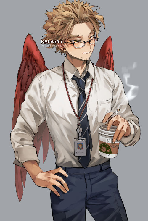 1boy artist_name bangs bespectacled black-framed_eyewear black_pants blonde_hair boku_no_hero_academia breast_pocket cigarette collared_shirt commentary cowboy_shot cup diagonal-striped_neckwear diagonal_stripes disposable_cup earrings feathered_wings glasses grey_background hand_up hawks_(boku_no_hero_academia) holding holding_cigarette id_card jewelry kadeart long_sleeves looking_at_viewer male_focus necktie pants pocket red_wings semi-rimless_eyewear shirt shirt_tucked_in short_hair simple_background solo standing striped striped_neckwear teeth watermark white_shirt wings