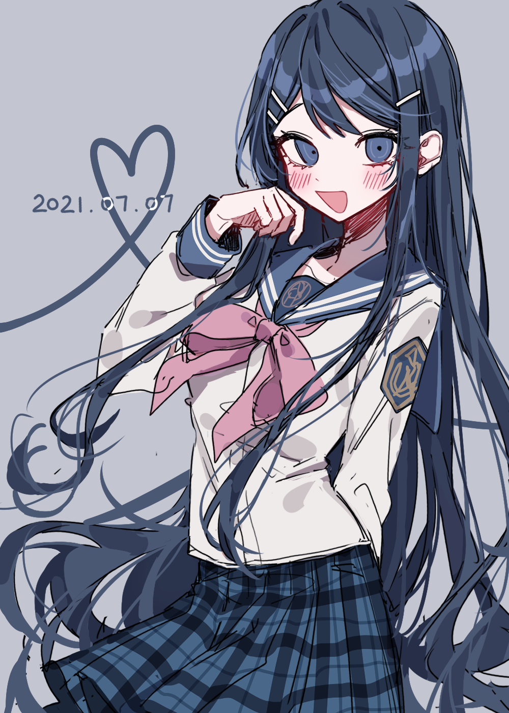 1girl :d bangs blue_eyes blue_hair blue_sailor_collar blue_skirt blush bow collarbone danganronpa:_trigger_happy_havoc danganronpa_(series) dated grey_background hair_ornament hairclip hand_up heart highres long_hair long_sleeves looking_at_viewer maizono_sayaka open_mouth patzzi pink_bow plaid plaid_skirt sailor_collar school_uniform shirt simple_background skirt smile white_shirt