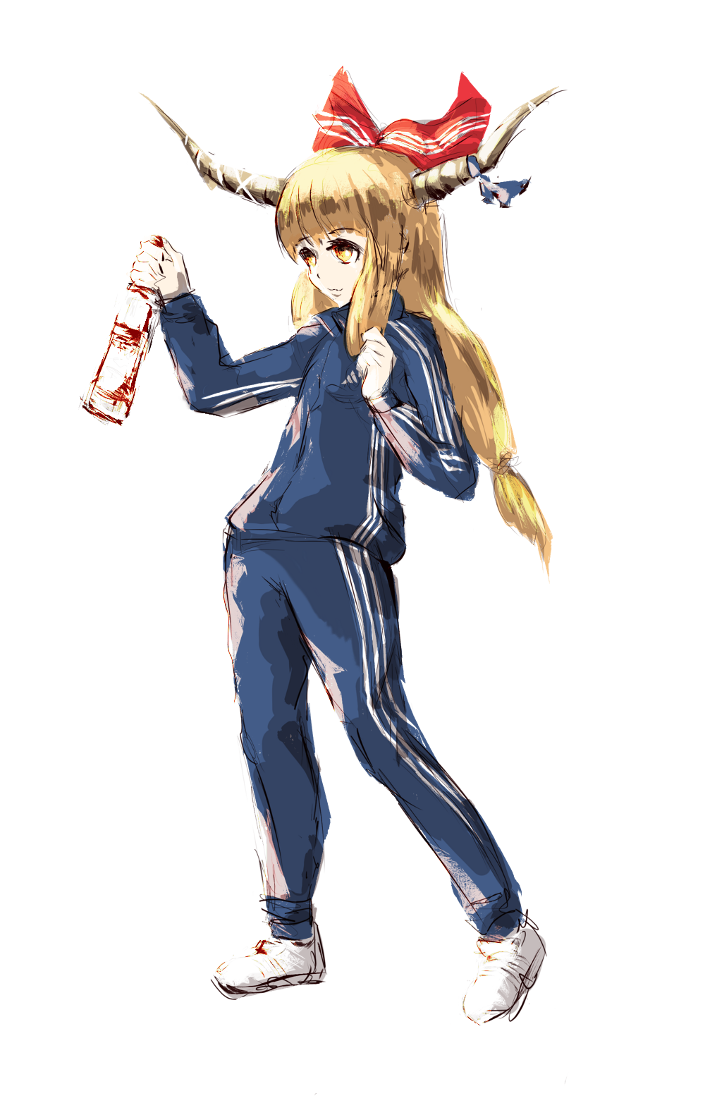 1girl adidas alcohol alternate_costume bangs blonde_hair blue_jacket blue_pants bottle bow closed_mouth commentary english_commentary eyebrows_visible_through_hair gopnik hair_bow highres holding holding_bottle horns ibuki_suika jacket long_hair looking_afar low-tied_long_hair ougibro_(spookybro) pants red_bow shoes simple_background sneakers solo touhou track_suit vodka white_background white_footwear