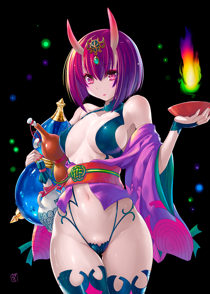 1girl bangs black_background bob_cut breasts commentary_request cup eyebrows_visible_through_hair fate/grand_order fate_(series) horns looking_at_viewer medium_breasts murasaki_nyaa navel oni oni_horns pale_skin pink_eyes purple_hair revision sakazuki short_hair shuten_douji_(fate) skin-covered_horns solo standing thighhighs