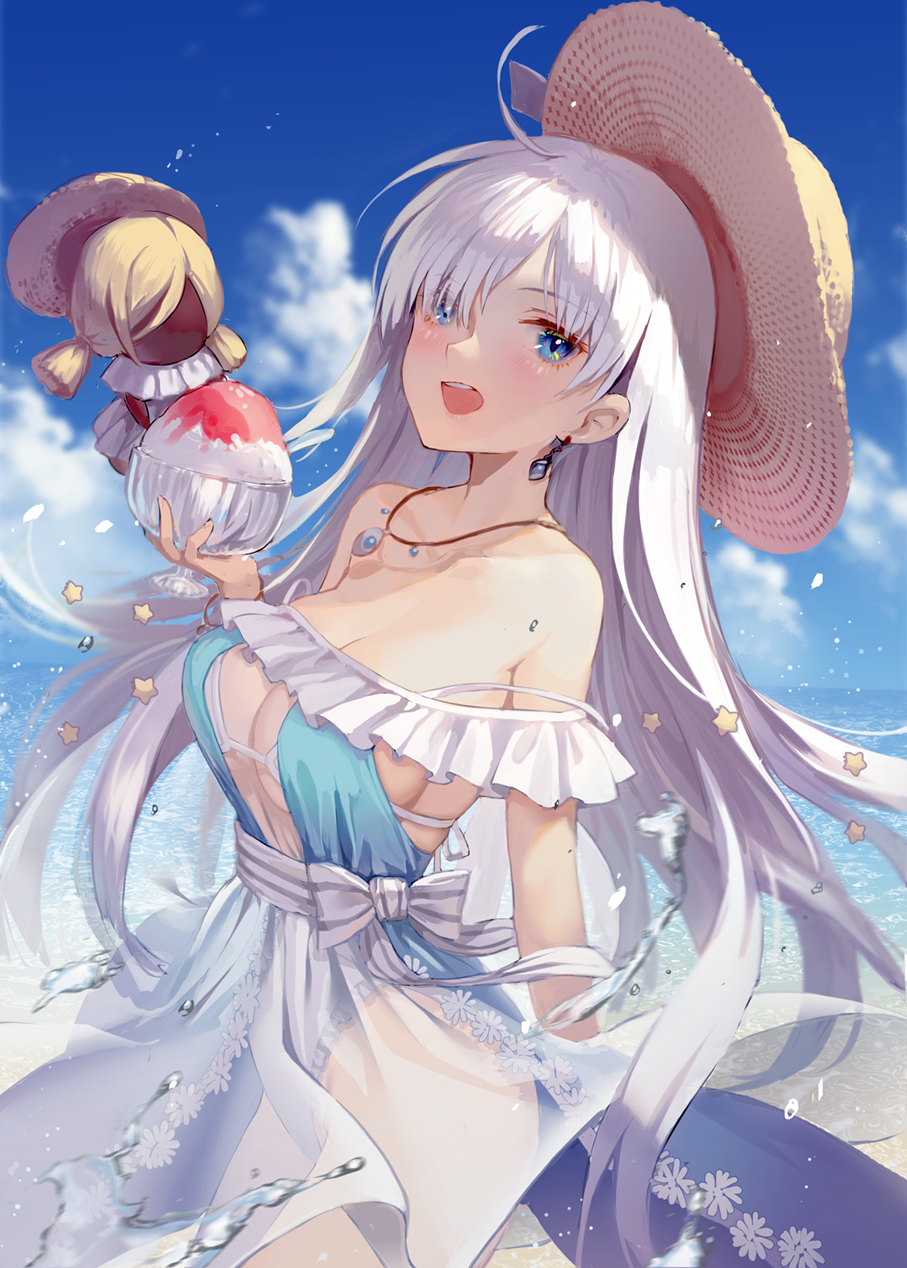 1girl ahoge anastasia_(fate) anastasia_(swimsuit_archer)_(fate) bangs bare_shoulders beach blue_dress blue_eyes blush breasts cloud dress earrings fate/grand_order fate_(series) hat highres jewelry large_breasts long_hair necklace ocean open_mouth ritsuki see-through_skirt shaved_ice silver_hair skirt sky snowflakes star_(symbol) straddling strap_slip straw_hat water