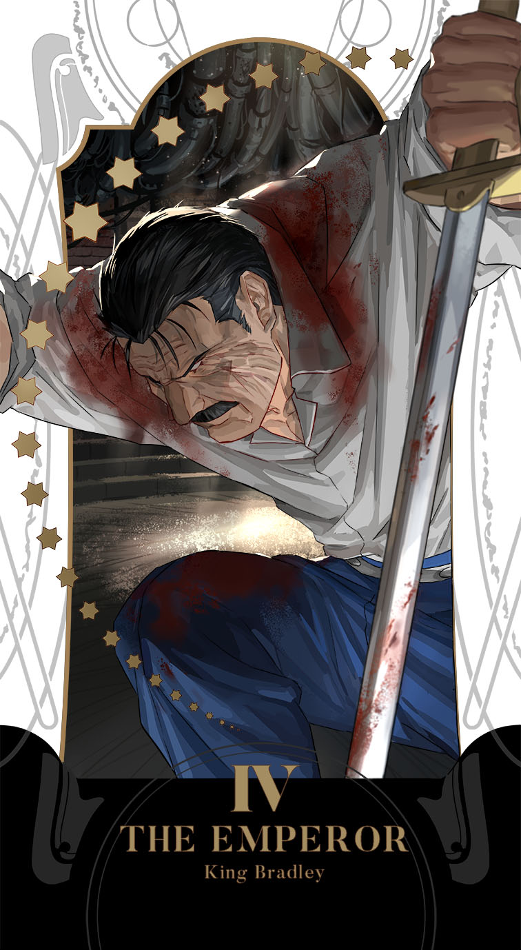 1boy amestris_military_uniform black_hair blood blood_on_clothes card_(medium) character_name closed_eyes facial_hair fullmetal_alchemist highres holy_pumpkin king_bradley long_sleeves male_focus military military_uniform mustache one_knee shirt short_hair spoilers star_(symbol) sword tarot uniform weapon white_shirt wrath_(fma)