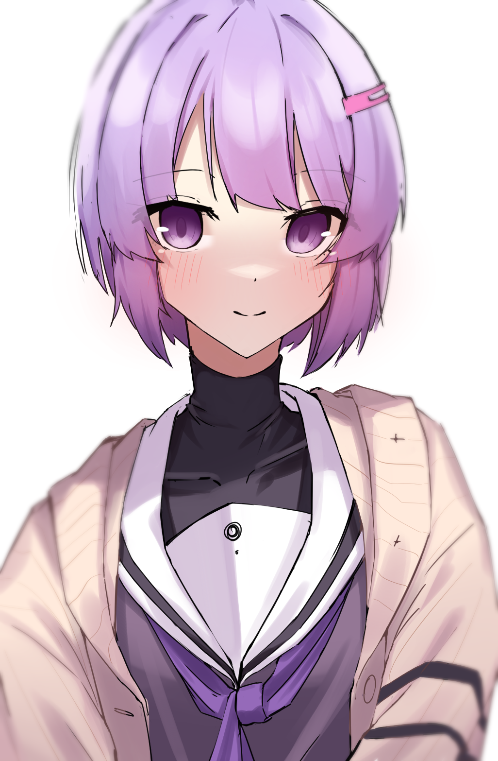 1girl a.i._voice black_shirt brown_cardigan cardigan collar collared_shirt commentary grey_shirt gunpuu hair_ornament hairclip highres looking_at_viewer open_cardigan open_clothes purple_eyes purple_hair purple_neckwear sailor_collar school_uniform shirt short_hair smile solo turtleneck upper_body vocaloid voiceroid white_background white_collar yuzuki_yukari yuzuki_yukari_(shizuku)