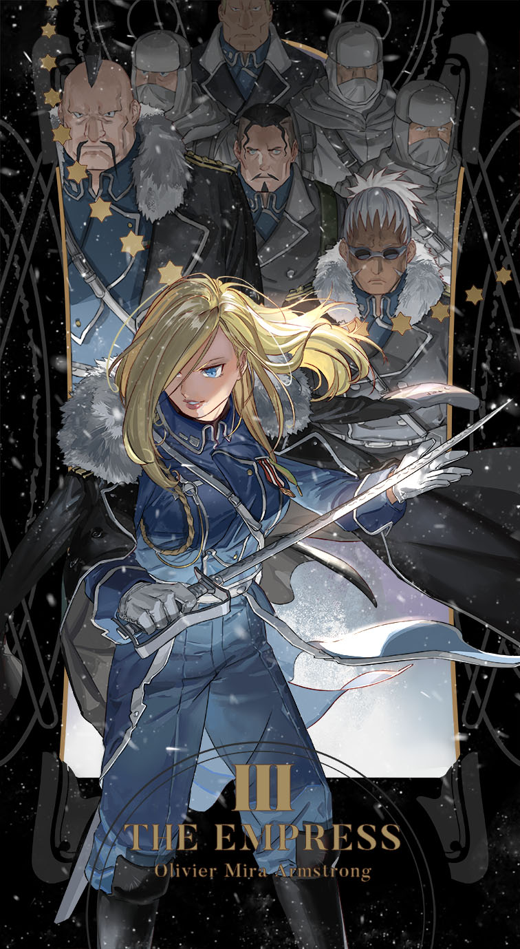 1girl 6+boys amestris_military_uniform blonde_hair blue_eyes boots buccaneer_(fma) card_(medium) dark_skin extra facial_hair fullmetal_alchemist fur_collar gloves grey_hair hair_over_one_eye henschel_(fma) highres holy_pumpkin karley_(fma) long_hair miles_(fma) military military_uniform multiple_boys mustache olivier_mira_armstrong smile snow snowing sword tarot uniform weapon white_gloves