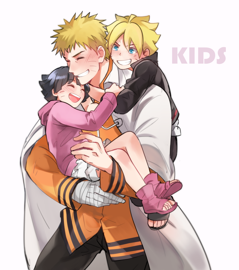 1girl 2boys ahoge arm_around_neck bandaged_hand bandages black_hair black_jacket black_pants blonde_hair blue_eyes boruto:_naruto_next_generations brother_and_sister clenched_teeth closed_eyes coat collared_jacket english_text eyebrows_visible_through_hair facial_mark father_and_daughter father_and_son grin hand_on_another's_arm happy high_collar holding hood hood_down hoodie hug hug_from_behind jacket layered_skirt light_blush looking_at_another looking_down messy_hair multiple_boys naruto_(series) open_clothes open_coat orange_jacket pants pink_footwear pink_hoodie shoes short_hair siblings simple_background skirt smile spiked_hair teeth toeless_footwear tsurime upper_teeth uzumaki_boruto uzumaki_himawari uzumaki_naruto v-shaped_eyebrows very_short_hair warable white_background white_coat white_skirt
