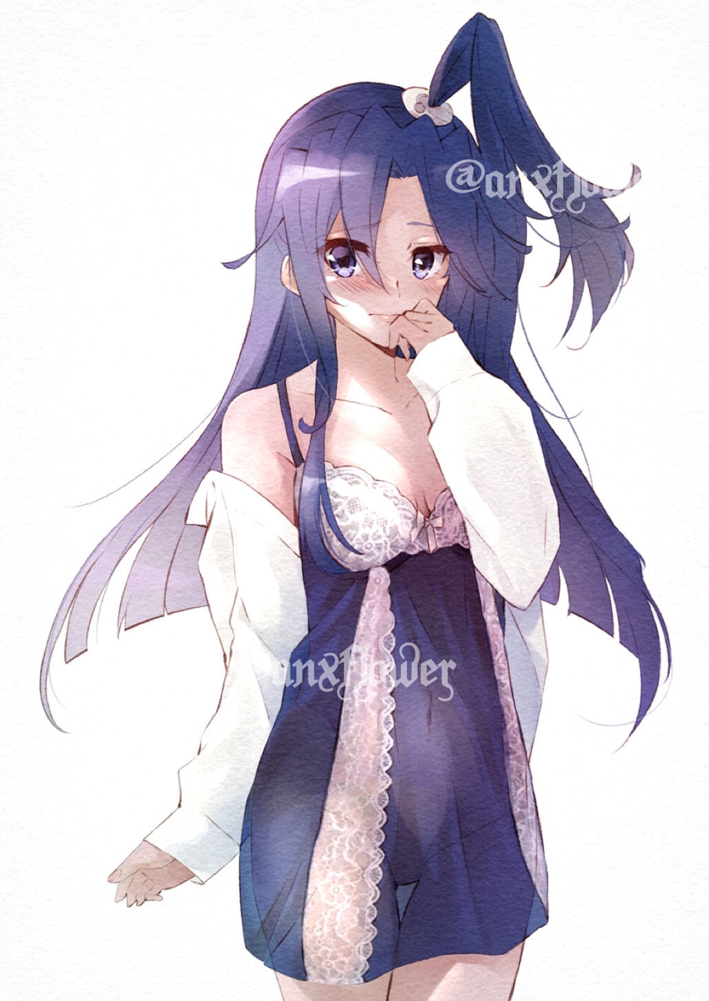 1girl anxflower blue_dress blue_eyes blue_hair blush breasts cleavage closed_mouth collarbone covered_navel cowboy_shot dress eyebrows_visible_through_hair floating_hair hair_between_eyes hair_intakes high_ponytail highres jacket kazanari_tsubasa long_hair long_sleeves looking_at_viewer off_shoulder open_clothes open_jacket see-through_silhouette senki_zesshou_symphogear shiny shiny_hair short_dress side_ponytail simple_background sleeveless sleeveless_dress sleeves_past_wrists small_breasts solo standing twitter_username very_long_hair white_background white_jacket