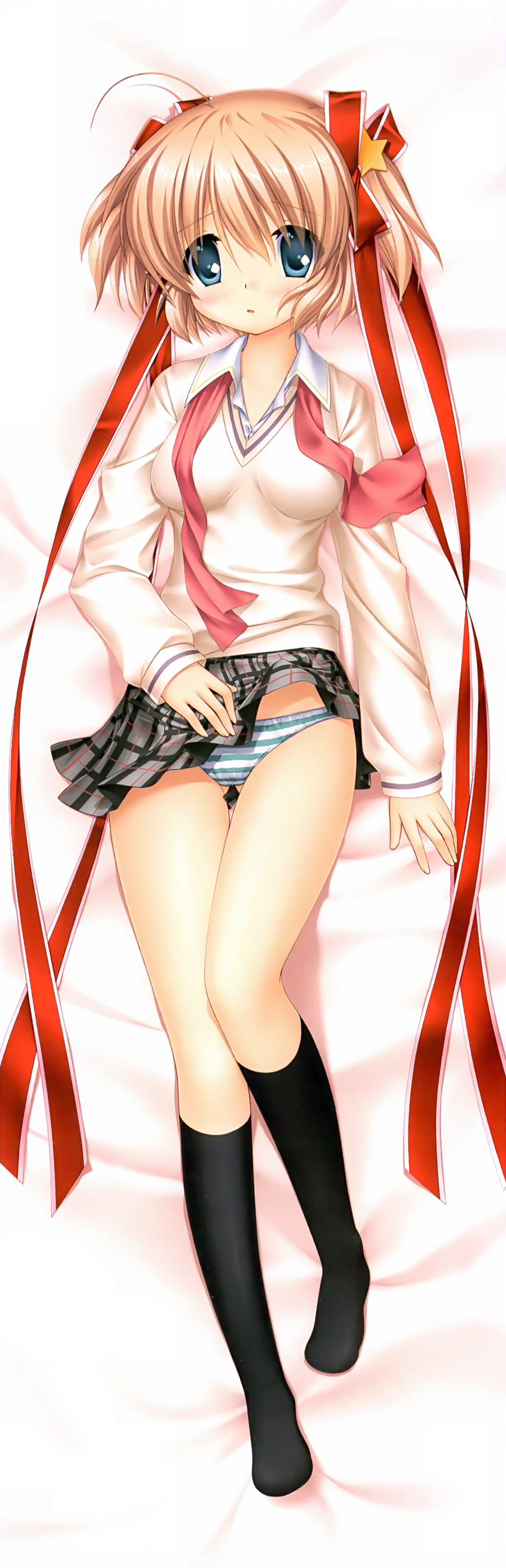 dakimakura hinoue_itaru kamikita_komari key little_busters! pantsu seifuku shimapan skirt_lift sweater