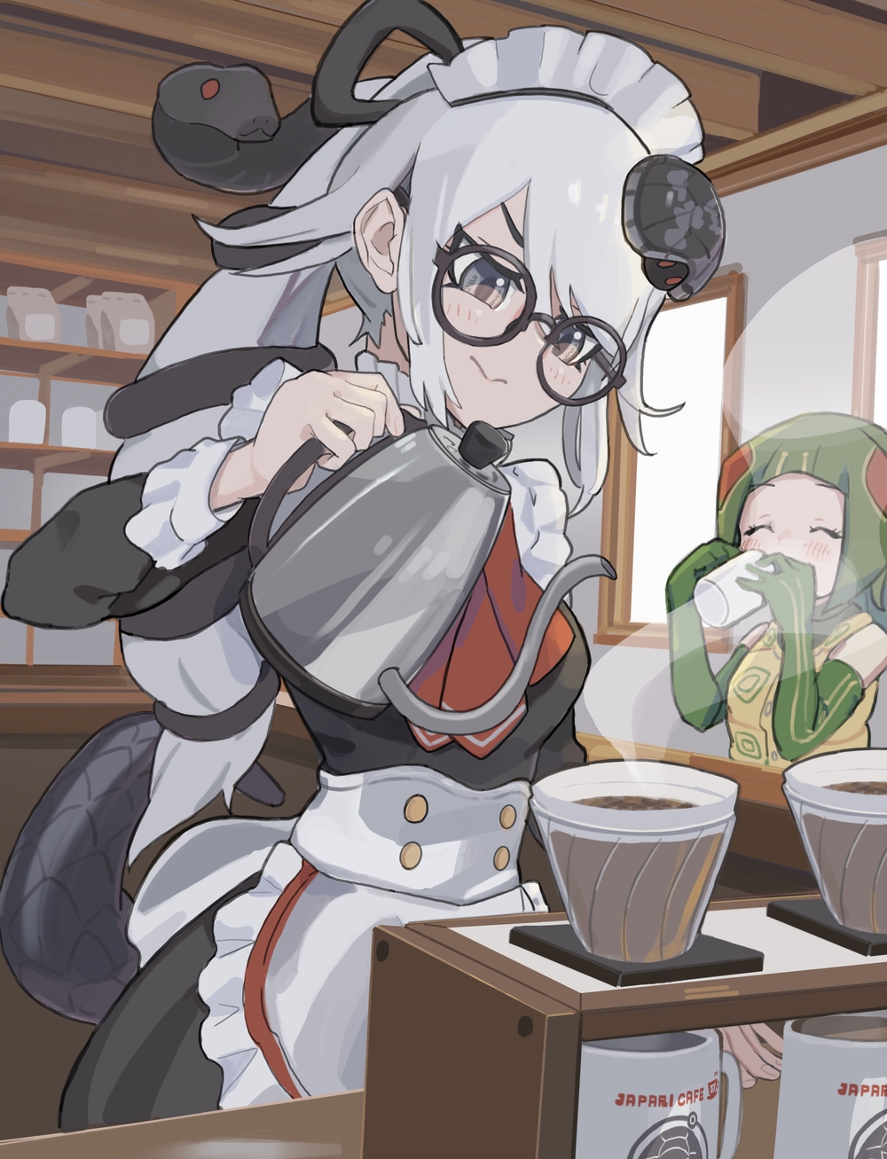 alternate_costume apron bare_shoulders black_dress blush closed_eyes coffee collar commentary_request dress drinking elbow_gloves enmaided eyebrows_visible_through_hair frilled_apron frilled_collar frilled_cuffs frills genbu_(kemono_friends) glasses gloves green_gloves green_hair hair_ornament high_ponytail highres kemono_friends kemono_friends_3 kunikuni_(kunihiro2005) lizard_tail long_sleeves maid maid_apron multicolored_hair necktie ponytail red-eared_slider_(kemono_friends) red_hair red_neckwear reptile_girl short_hair sleeve_cuffs sleeveless snake_hair_ornament tail turtle_shell two-tone_hair vest white_apron white_hair yellow_vest