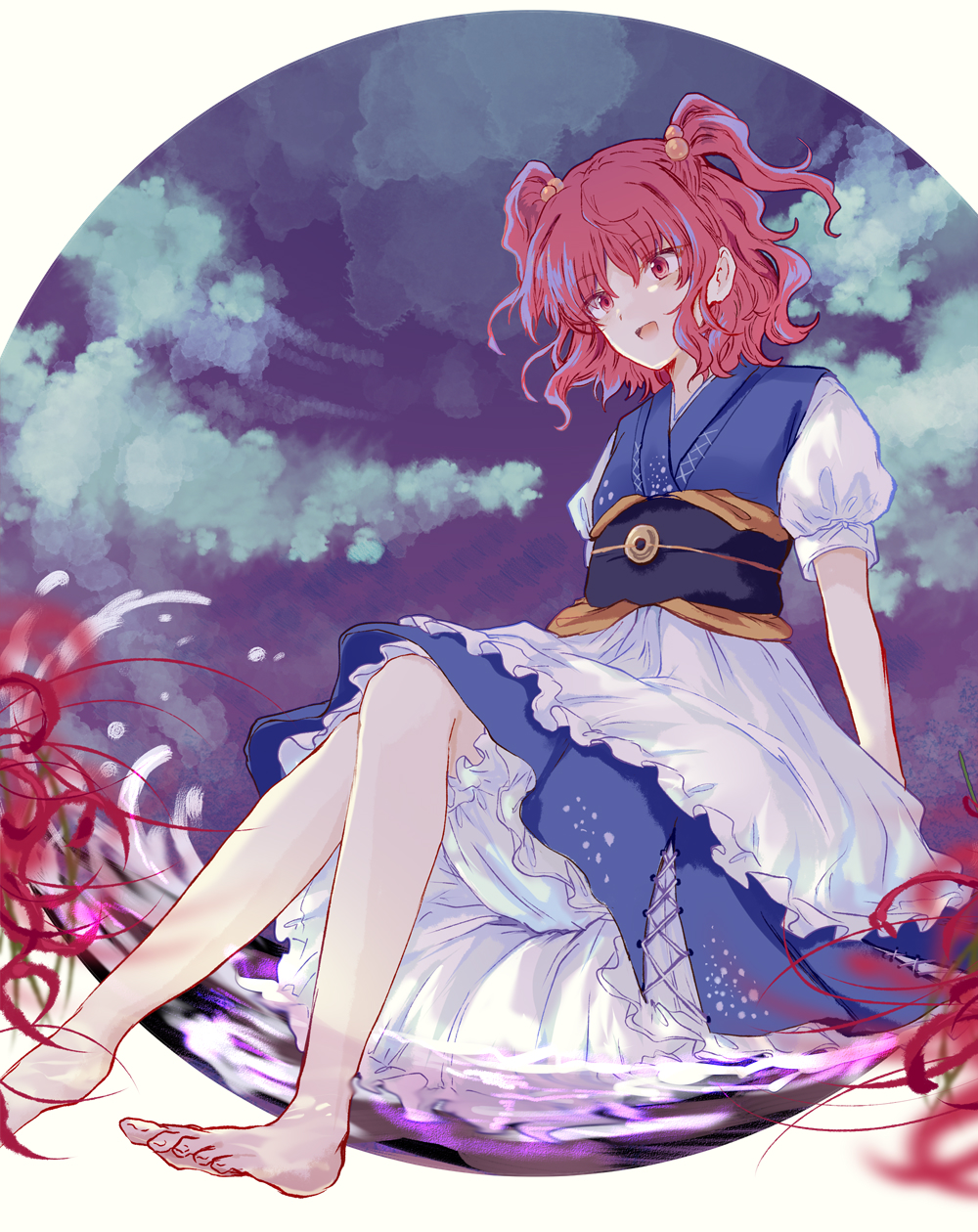 1girl apron bangs barefoot belt black_belt blue_dress cloud cloudy_sky dress eyebrows_visible_through_hair flower hair_between_eyes hair_bobbles hair_ornament highres lake light looking_down night night_sky onozuka_komachi open_mouth puffy_short_sleeves puffy_sleeves purple_sky red_eyes red_flower red_hair shadow short_hair short_sleeves short_twintails shorts sitting sky smile solo touhou twintails uranaishi_(miraura) water white_apron white_background white_shorts white_sleeves