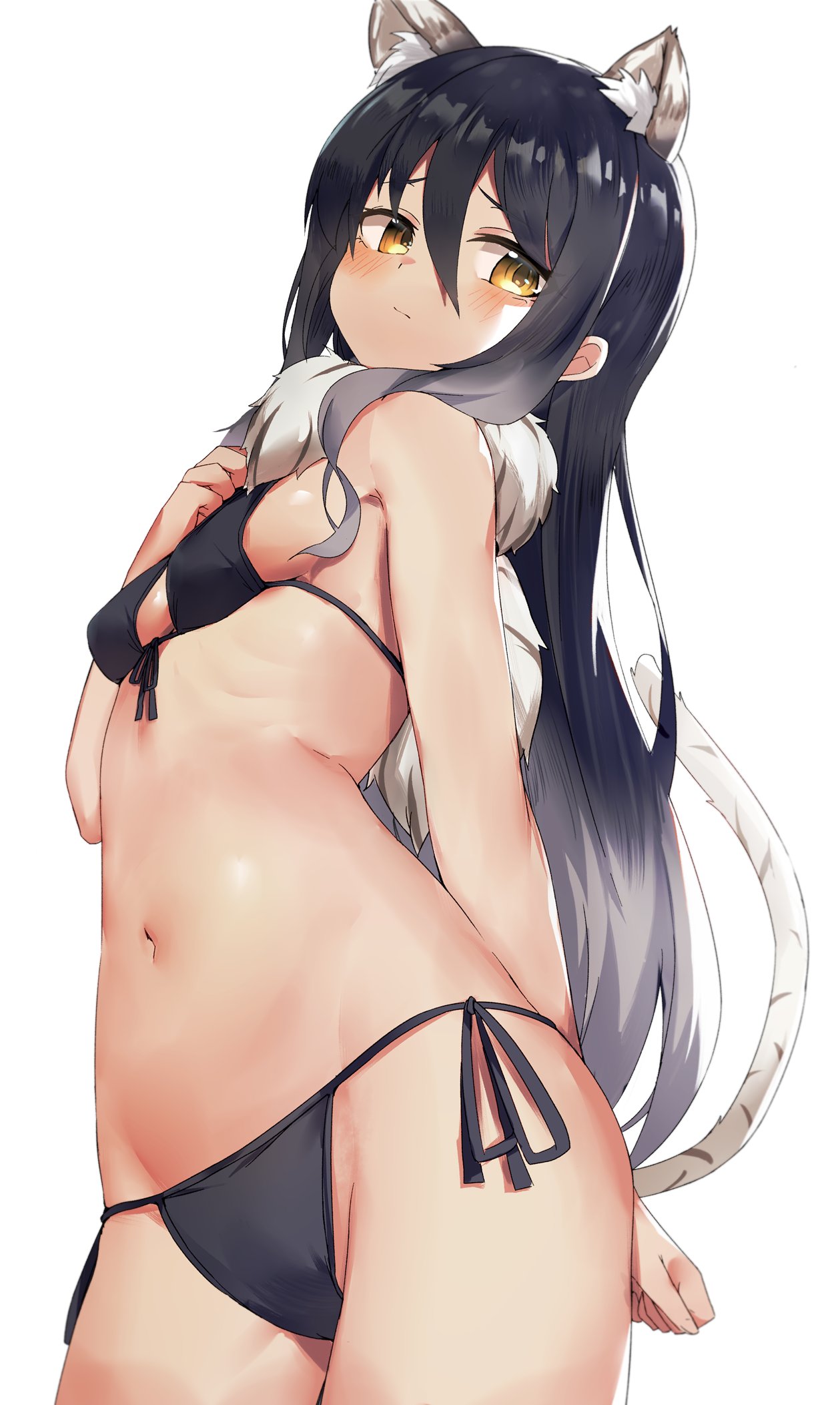 1girl animal_ear_fluff animal_ears bangs bikini black_bikini black_hair blush breasts capelet cowboy_shot front-tie_bikini front-tie_top fur_capelet gradient_hair hair_between_eyes highres kure_(kure_ng) multicolored_hair navel princess_connect! shiori_(princess_connect!) side-tie_bikini simple_background small_breasts solo striped_tail swimsuit tail tiger_ears tiger_girl tiger_tail white_background yellow_eyes