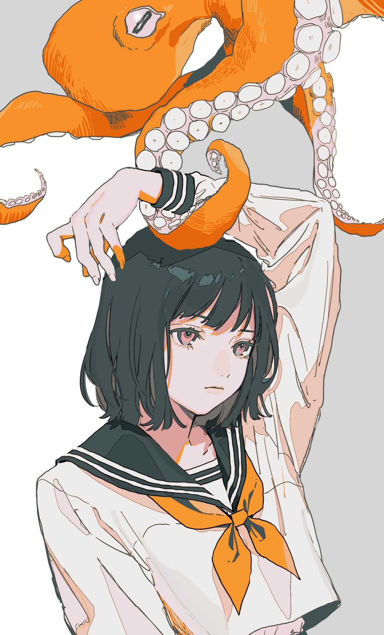 1girl bangs black_hair black_sailor_collar blunt_bangs bob_cut highres long_sleeves looking_to_the_side neckerchief octopus orange_neckwear original pink_eyes sailor_collar school_uniform serafuku shirt solo suemare1 upper_body white_shirt