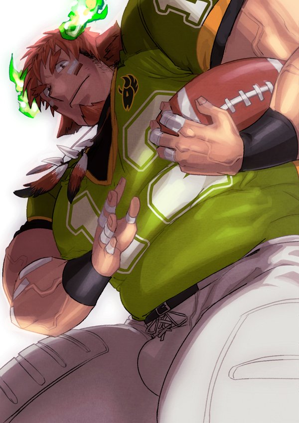 1boy absol_(dkqthf) american_football american_football_(object) american_football_uniform animal_ears ball bara beard brown_hair bulge cow_boy cow_ears facial_hair feather_necklace fiery_horns forked_eyebrows glowing_horns goatee green_shirt holding holding_ball horns large_pectorals looking_at_viewer muscular muscular_male native_american pectorals plump shirt short_hair short_sleeves simple_background sportswear thick_eyebrows tight tight_shirt tokyo_houkago_summoners wakan_tanka