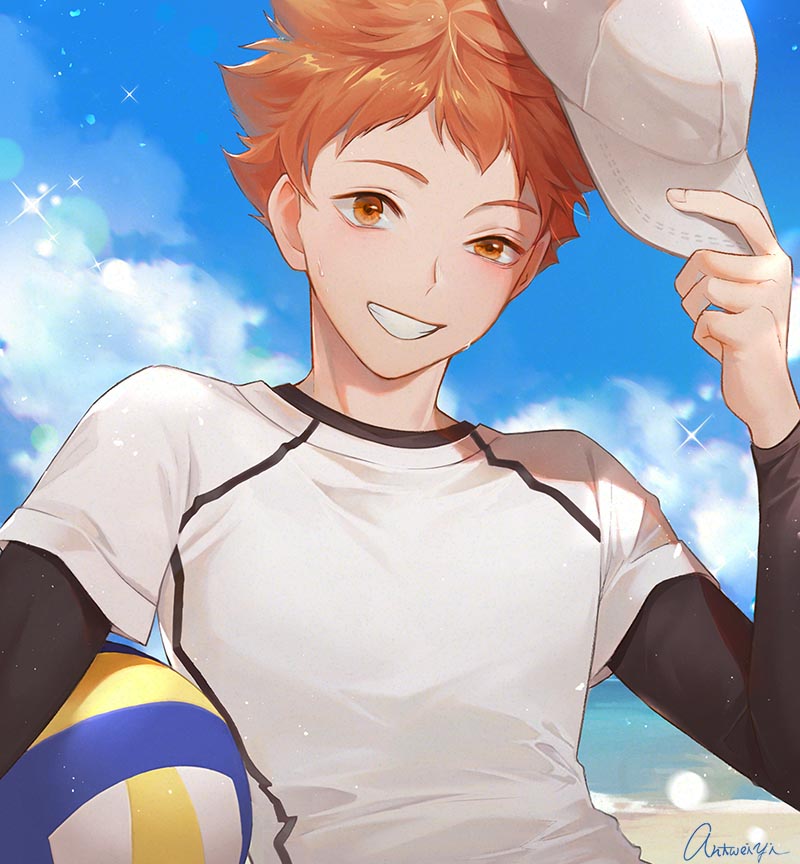 1boy antweiyi artist_name ball baseball_cap black_shirt cloud day haikyuu!! hat hinata_shouyou holding holding_ball holding_clothes holding_hat looking_at_viewer male_focus orange_eyes orange_hair outdoors shiny shiny_hair shirt short_hair sky smile solo t-shirt teeth