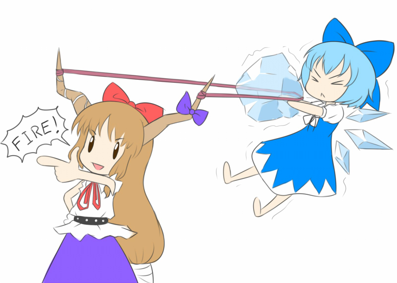 &gt;_&lt; 2girls :&lt; :d barefoot belt blue_bow blue_dress blue_hair blue_ribbon bow brown_hair chibi cirno commentary cowboy_shot detached_wings dress english_text full_body hair_bow hair_ribbon horn_bow horn_ornament horn_ribbon horns ibuki_suika ice ice_wings long_hair mazume multiple_girls no_nose open_mouth pointing puffy_short_sleeves puffy_sleeves purple_bow purple_ribbon purple_skirt ribbon rubber_band shirt short_hair short_sleeves simple_background skirt sleeveless slingshot smile solid_oval_eyes speech_bubble touhou trembling v-shaped_eyebrows white_background white_shirt wings