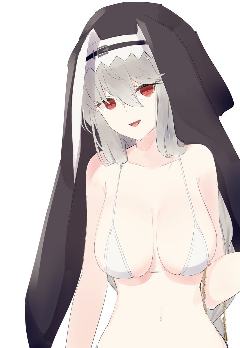 1girl :d alternate_costume arknights bare_arms bare_shoulders bikini black_headwear breasts collarbone grey_hair habit highres jewelry long_hair looking_at_viewer medium_breasts navel necklace open_mouth red_eyes smile solo specter_(arknights) stomach string_bikini sutaa_dasuto-kun swimsuit upper_body very_long_hair white_background white_bikini