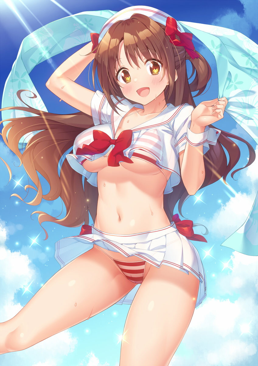1girl :d arm_up bare_arms bare_shoulders beret bikini bow breasts brown_hair cameltoe cleavage collarbone crop_top crop_top_overhang day front-tie_bikini front-tie_top halterneck hand_up hat highres holding ichi_makoto idolmaster idolmaster_cinderella_girls large_breasts midriff miniskirt navel one_side_up open_mouth orange_eyes outdoors pleated_skirt red_bow sailor_collar shimamura_uzuki shirt skirt smile solo stomach string_bikini striped striped_bikini sunlight swimsuit thighs towel underboob wet white_headwear white_shirt white_skirt