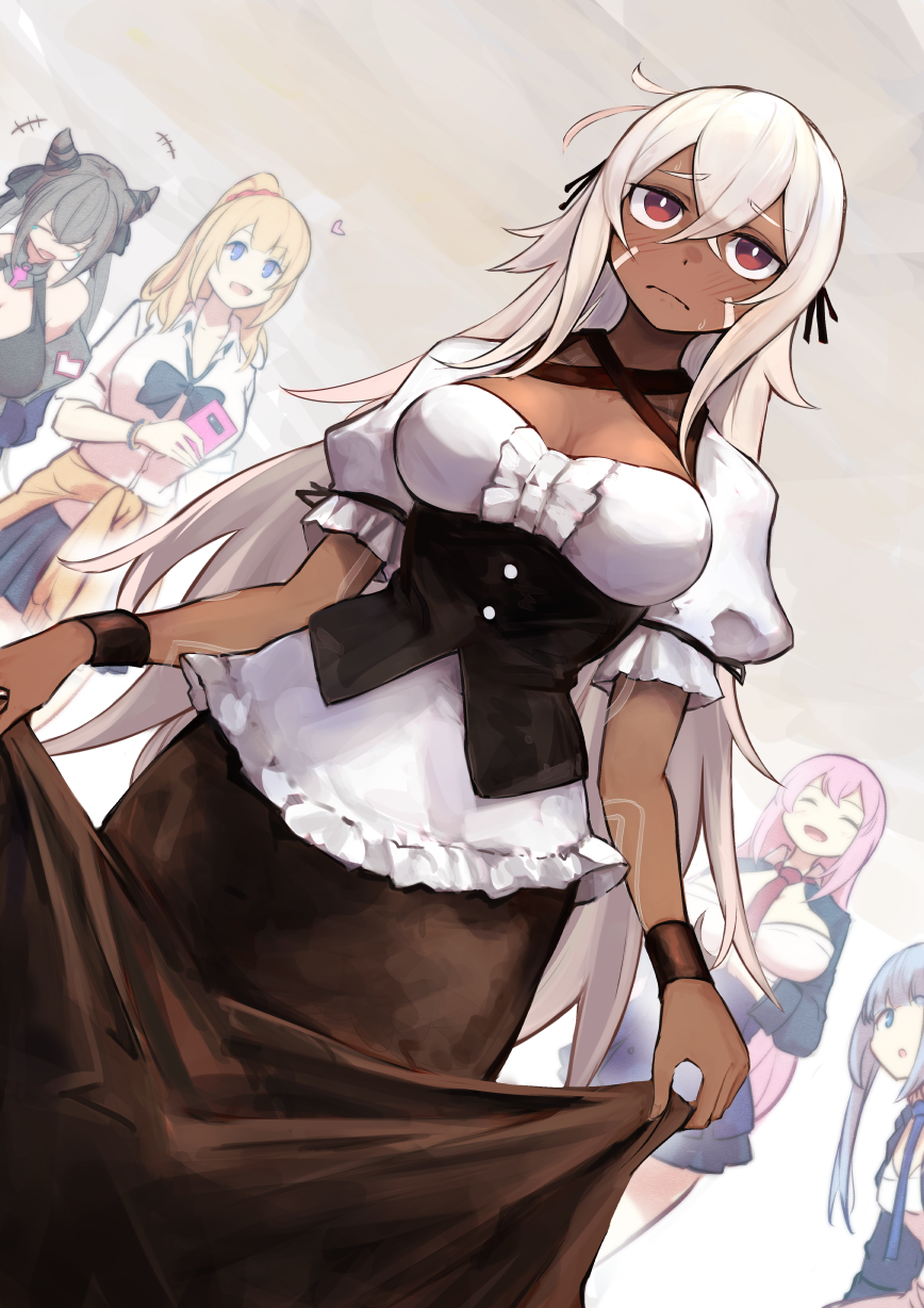 +++ 5girls :d :o ahoge alternate_costume astoria_(azur_lane) astoria_(innocent_gal)_(azur_lane) azur_lane bangs bare_shoulders between_breasts black_skirt blonde_hair blue_eyes blue_hair blue_jacket blue_neckwear blue_skirt blush bodice body_markings bow bowtie bracelet breasts cardigan cardigan_around_waist cellphone cleavage closed_eyes closed_mouth clothes_around_waist clothes_lift collarbone collared_shirt commentary_request cowboy_shot crossed_bangs dark-skinned_female dark_skin double_bun dress dutch_angle eyebrows_visible_through_hair facepaint facial_mark grey_hair hair_between_eyes hair_ornament hair_scrunchie halter_dress halterneck heart highres holding holding_phone jacket jewelry large_breasts laughing lifted_by_self long_hair long_skirt long_sleeves looking_at_another loose_bowtie marshall_k medium_breasts minneapolis_(azur_lane) multiple_girls necktie necktie_between_breasts off_shoulder official_alternate_costume open_clothes open_jacket open_mouth partial_commentary phone pink_hair pleated_skirt ponytail puffy_short_sleeves puffy_sleeves quincy_(azur_lane) red_eyes red_neckwear san_francisco_(azur_lane) scrunchie shirt short_sleeves sidelocks simple_background skirt skirt_lift sleeves_rolled_up smartphone smile solo_focus standing twintails very_long_hair vincennes_(azur_lane) white_dress white_hair white_shirt wristband yellow_cardigan