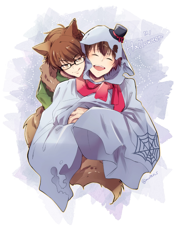 2boys :p ace_of_diamond animal_ears brown_eyes brown_hair closed_eyes costume couple ghost ghost_costume green_shirt halloween halloween_costume hat hug hug_from_behind kitanti licking_lips looking_at_another mini_hat mini_top_hat miyuki_kazuya multiple_boys open_mouth sawamura_eijun shirt short_hair smile tail tongue tongue_out top_hat twitter_username wolf_boy wolf_ears wolf_tail yaoi