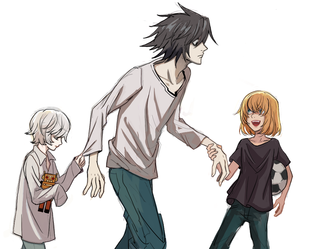 3boys :d age_difference baggy_clothes bags_under_eyes ball black_eyes black_hair black_shirt blonde_hair blue_eyes collared_shirt death_note denim excited expressionless grey_eyes happy height_difference holding holding_hands jeans l_(death_note) long_sleeves medium_hair mello multiple_boys near open_mouth orewarobotjanai pants robot shirt short_hair silver_hair smile soccer_ball t-shirt toy tug white_hair white_shirt