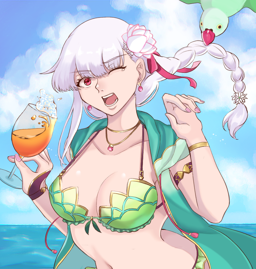 1girl bangs bare_shoulders beach bikini bird blue_sky blush bracelet braid braided_ponytail breasts cleavage collarbone cup drawstring drinking_glass earrings eyebrows_visible_through_hair fate/grand_order fate_(series) flower frills gold_bracelet green_bikini green_vest hair_flower hair_ornament hair_pull hair_ribbon hood hooded_vest hoodie jewelry kama_(fate) kama_(swimsuit_avenger)_(fate) large_breasts long_hair looking_at_viewer lotus nail_polish navel necklace nikumaki43 ocean one_eye_closed open_mouth parakeet parrot pendant pink_nails red_eyes ribbon silver_hair sky swimsuit thighs vest water