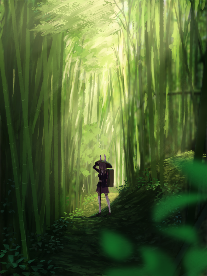 1girl animal_ears backpack bag bamboo bamboo_forest black_jacket blazer commentary_request day forest full_body grass hat jacket long_hair medicine_box nature one-hour_drawing_challenge outdoors purple_hair purple_skirt rabbit_ears reisen_udongein_inaba rice_hat scenery shirt skirt solo standing suzu_(susan_slr97) thighhighs touhou white_legwear white_shirt