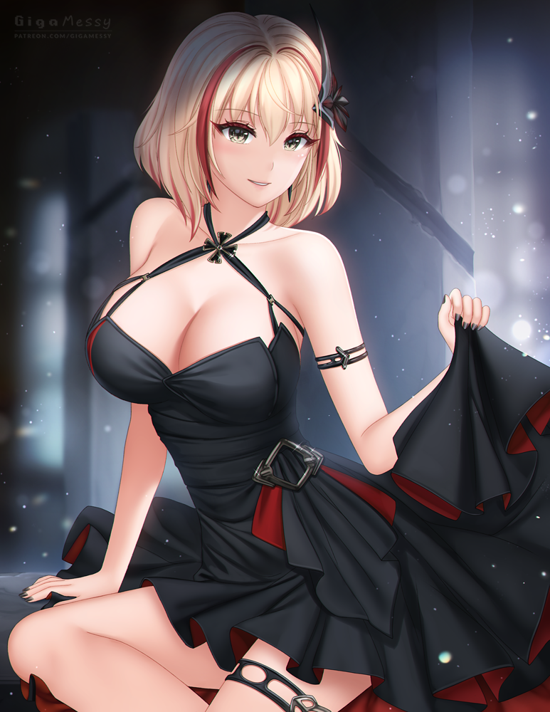 armlet azur_lane bare_shoulders black_dress black_nails breasts cleavage cocktail_dress dress evening_gown gigamessy halter_dress halterneck iron_cross large_breasts light_brown_hair long_dress looking_at_viewer multicolored_hair nail_polish official_alternate_costume red_dress roon_(azur_lane) roon_(dark_red_grin)_(azur_lane) sitting skirt_hold sleeveless sleeveless_dress streaked_hair thighlet two-tone_dress two-tone_hair yellow_eyes