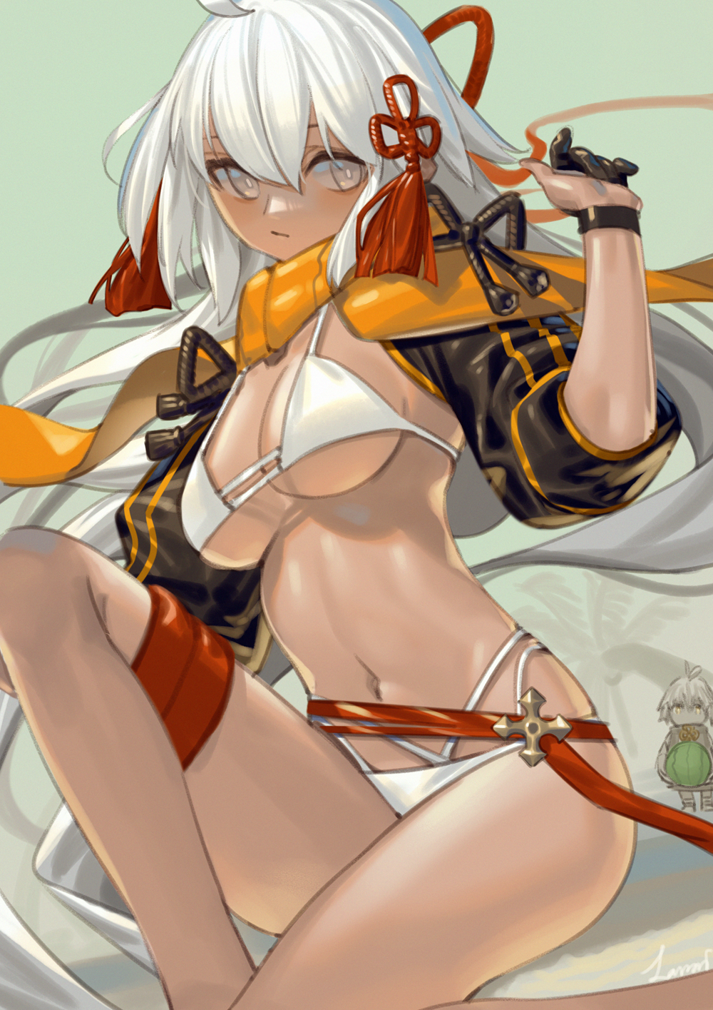 2girls ahoge bangs bikini black_jacket breasts cropped_jacket dark-skinned_female dark_skin fate/grand_order fate_(series) grey_eyes highres jacket lanzi_(415460661) long_hair long_sleeves looking_at_viewer medium_breasts multiple_girls navel okita_souji_(alter_swimsuit_saber)_(fate) okita_souji_(fate)_(all) orange_scarf rengoku_(fate) scarf shrug_(clothing) swimsuit tassel thighs very_long_hair white_bikini white_hair