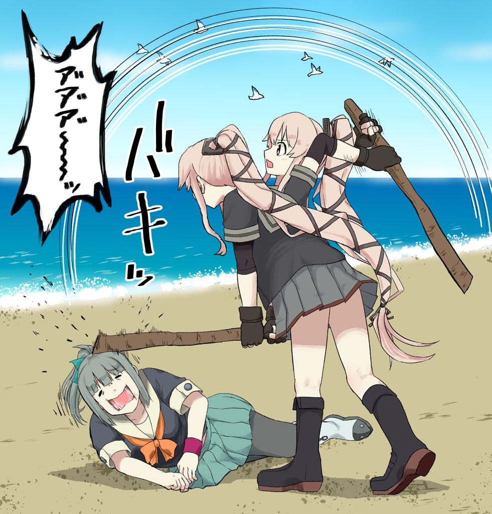 2girls afterimage beach beige_sailor_collar black_footwear black_gloves black_jacket black_legwear black_shirt blue_sky boots bow brown_eyes cloud commentary_request day gloves golden_kamuy green_skirt grey_hair grey_sailor_collar grey_skirt hair_bow hair_flaps horizon jacket kantai_collection knee_boots long_hair multiple_girls neck_ribbon neckerchief ocean orange_neckwear outdoors pantyhose parody partially_fingerless_gloves pink_hair pleated_skirt ponytail red_ribbon remodel_(kantai_collection) ribbon rockborder sailor_collar school_uniform serafuku shirt short_sleeves skirt sky stick very_long_hair wristband yura_(kancolle) yuubari_(kancolle)